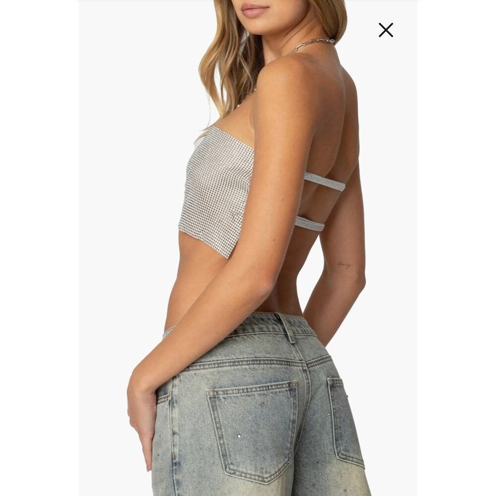 EDIKTED Chainmail Open Back Strapless Crop Top Silver Sz. S NWT